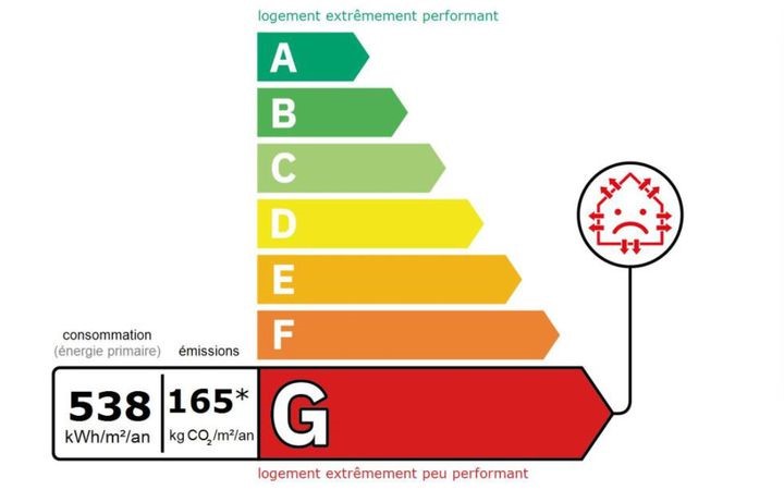 Extrait du DPE d'un logement chauffé au fioul affichant une consommation énergétique primaire (et finale) de 538 kWh/m2/an. (YANN THOMPSON / FRANCEINFO)